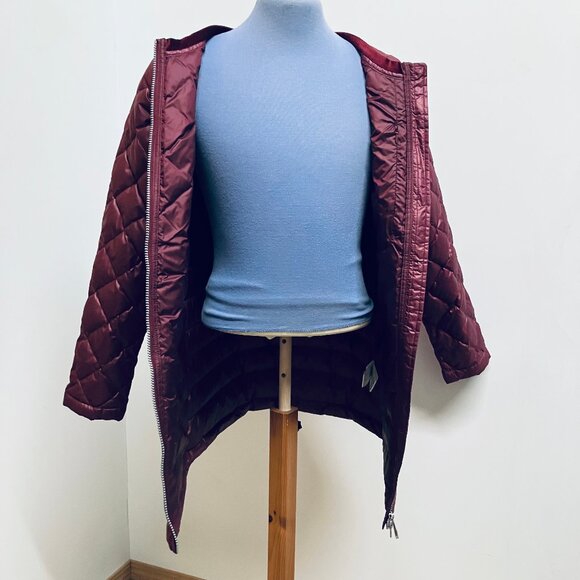 Lole Down Mid Length Quilted Coat Velvet Trim Puffer Burgundy NWOT - Picture 6 of 11